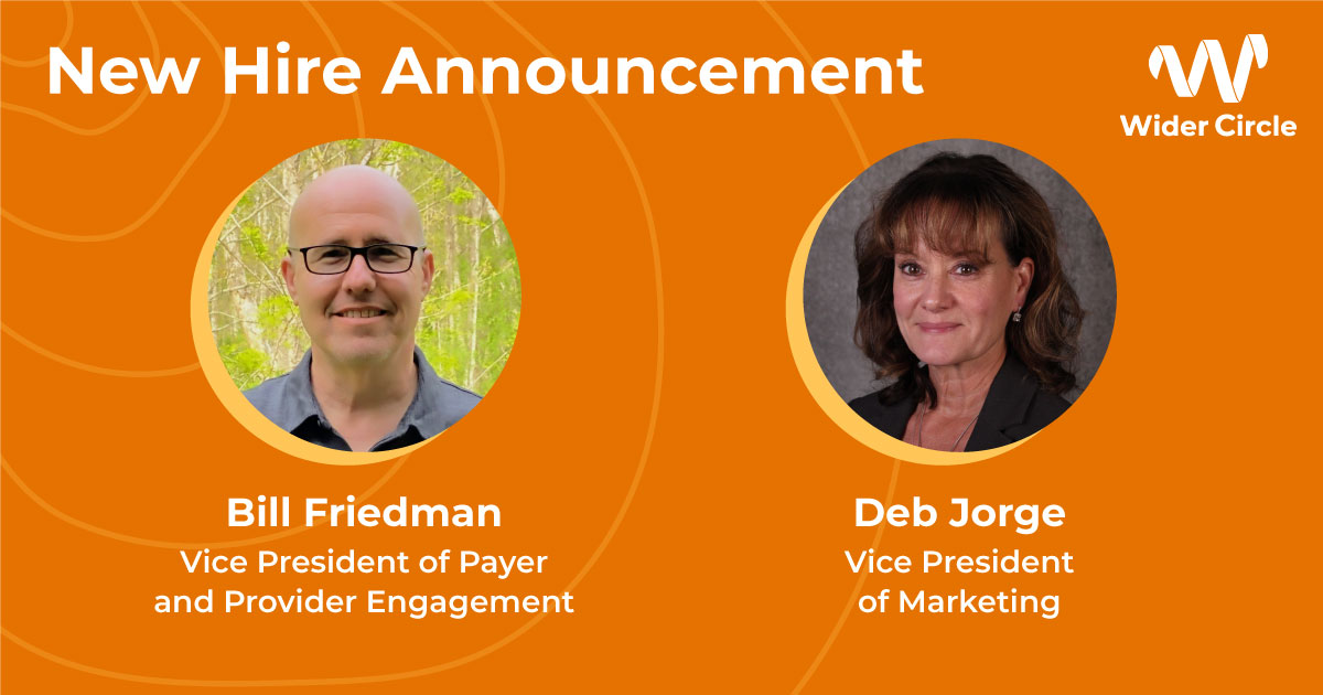 Headshot of Bill Friedman and Deb Jorge on orange background. Title reads "New Hire Announcement"